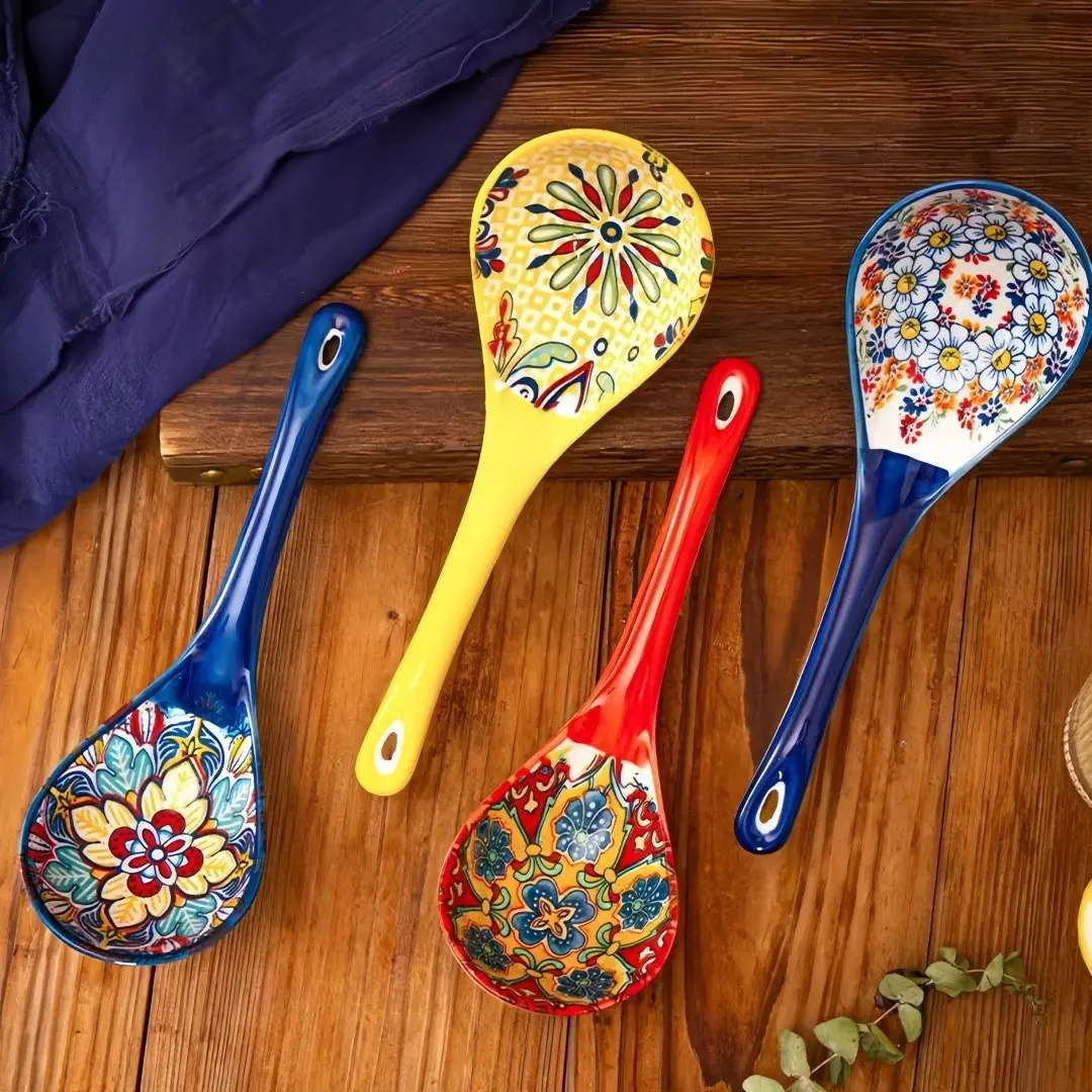 Bohemian Ceramic Soup Spoon Set, Cutlery, Utensils, Tableware, Kitchenware, Home and Kitchen, Cooking Spoons Set, Large Household Serving Spoons, Ramen Soup Spoons, Microwave and Oven Safe, 4pcs