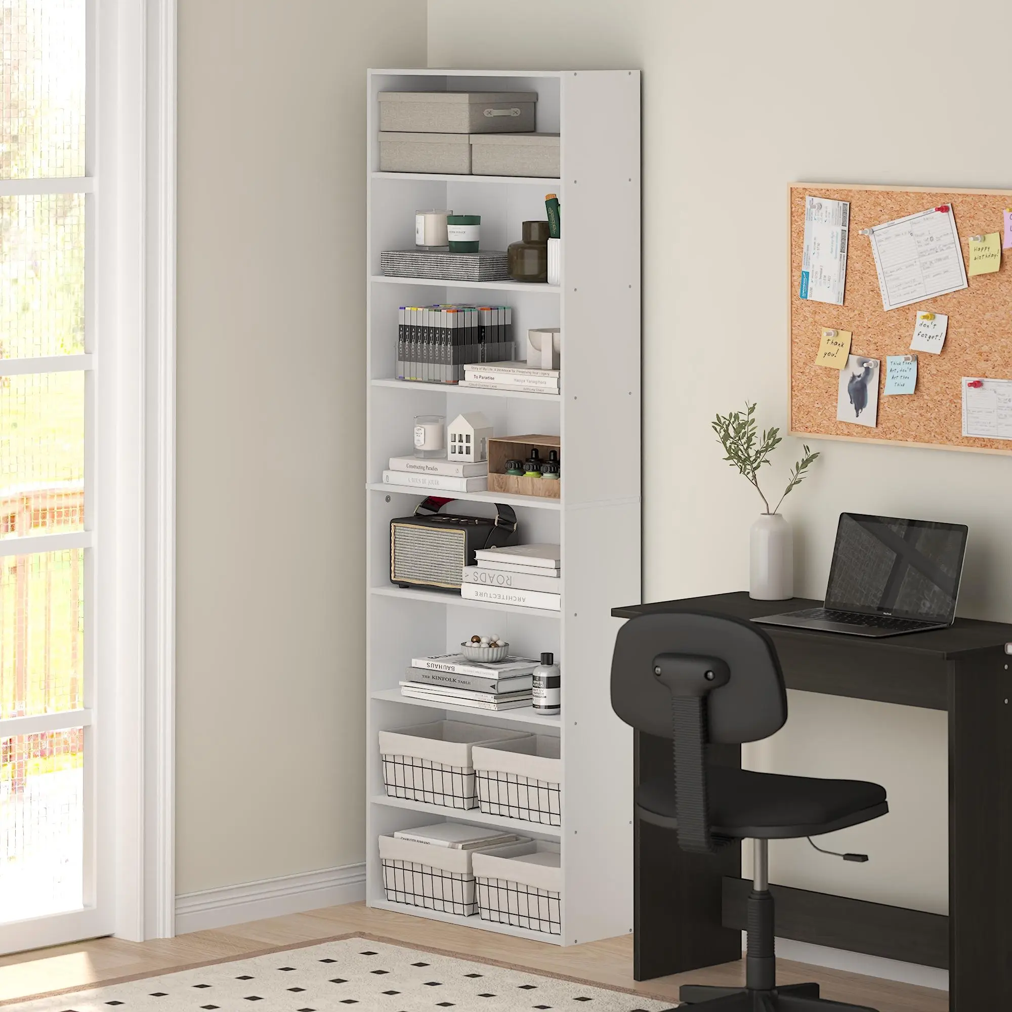 White Minimalist 8-Tier Multi-Layer Engineered Wood Bookshelf Book Rack - Single Unit Open Shelf Cube Storage, 12x24x71 In, Sturdy Base, for Living Room, Home Office