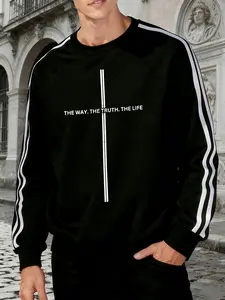 Autumn Winter Drawstring Round Neck College Style Long Sleeve Sweatshirt, Christian Cross Slogan Print, Casual Outdoor Fashion