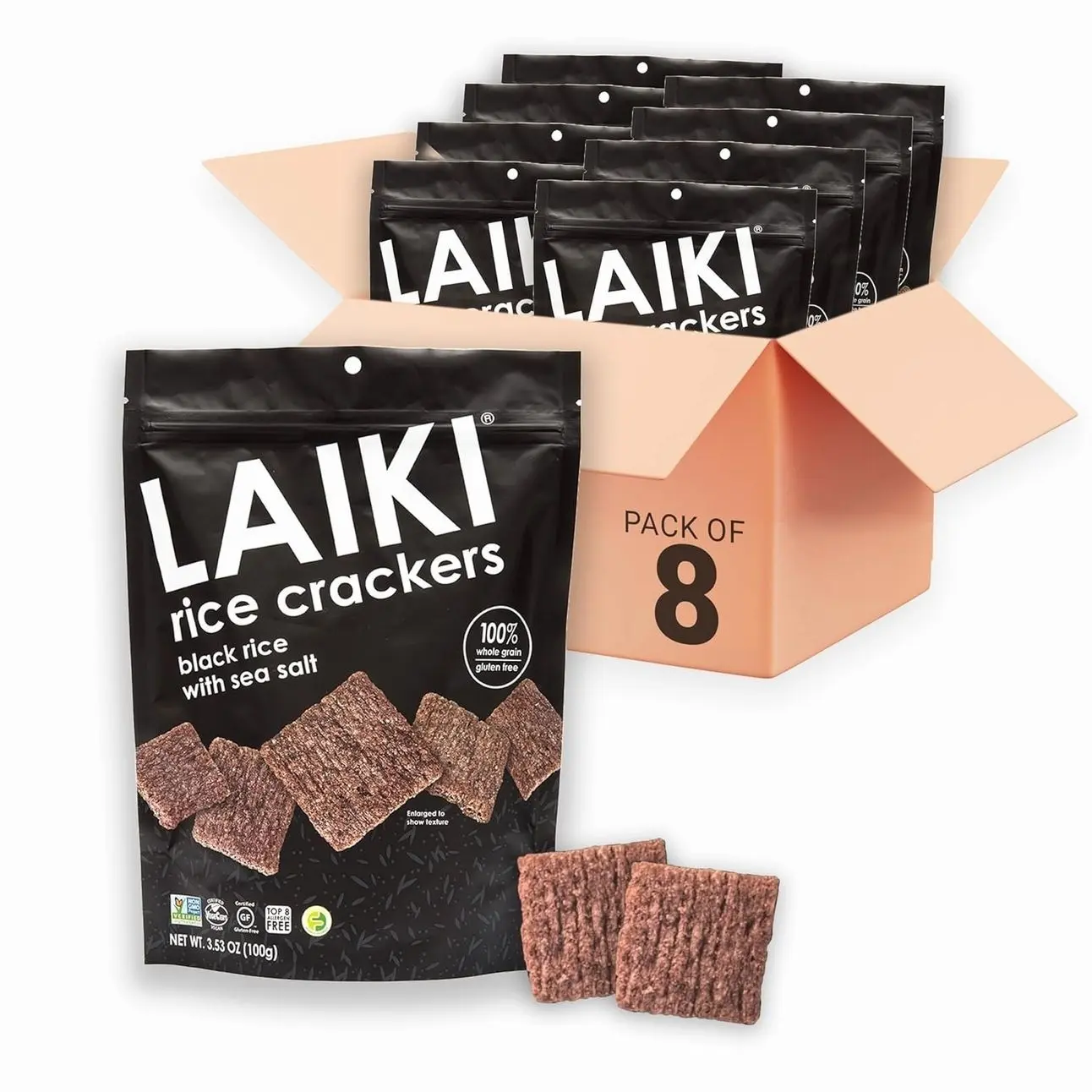Gluten Free Rice Crackers - Seed-Oil Free - Snacks - Low Sodium Crackers Crunch - Allergen-Friendly , Vegan, Non-GMO Verified, FODMAP Friendly, Black Rice Simply Sea Salt flavor - 3.53 Oz Bag (Pack of 8)