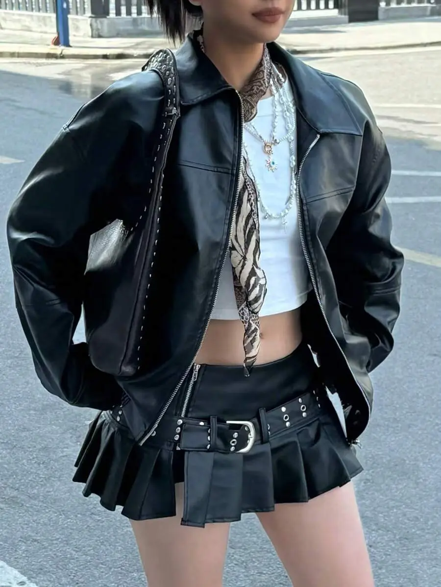 SHANIAH Black Y2K Punk Edgy Style Biker Casual Loose Long Sleeve Leather Jacket For Women, Autumn/Winter Fall Cloth For Women