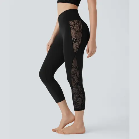 Halara Softlyzero High Waisted Crossover Contrast Lace Capri Yoga Leggings-UPF50+