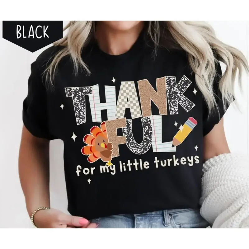 Thankful Teacher Shirt, Fall Turkey Teacher Tshirt, Thanksgiving Teacher Tee, Cute Turkey School T-shirt, Gift for Teacher