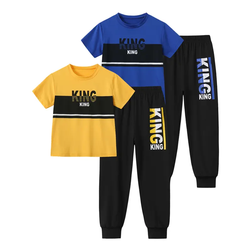Boys' 4-Piece Crew Neck Alphabet Print Short-Sleeve & Long Pants Tracksuit, Breathable Cool All Day Casual Sportswear for Ages 3-14 (No Components) #SummerVibes, Long Pants Set