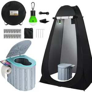 Portable Folding Camping Toilet with Pop-Up Privacy Tent, 12-inch Toilet Seat, 400 Lbs Load Capacity Potty with LED Light for Outdoor Camping Bathroom