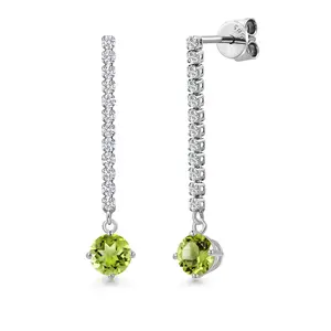 14K White Gold Green Peridot and White Lab Grown Diamond Long Liner Dangle Earrings for Women | 1.46 Cttw | Gemstone August Birthstone | Round 5MM | White Gold Chain Drop Earrings