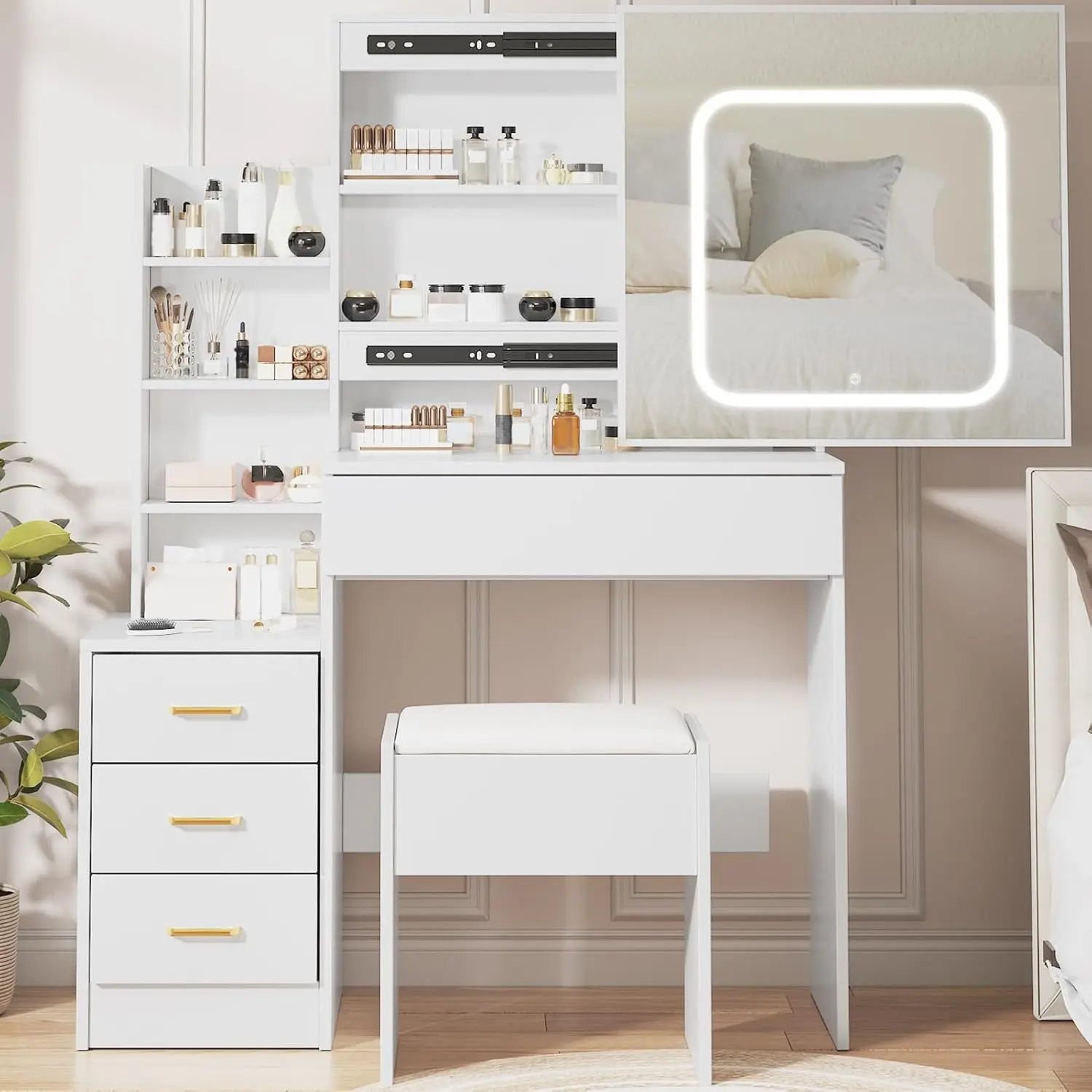 Stylish Illuminated Makeup Vanity Desk Set with Sliding Mirror, LED Lights, Chair, 4 Drawers, Storage Shelves, Power Outlet, 3-Color Tuned High-Brightness Lights for Bedroom - Luxury Makeup Vanities, Stylish Makeup Vanities