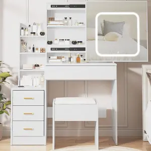 Stylish Illuminated Makeup Vanity Desk Set with Sliding Mirror, LED Lights, Chair, 4 Drawers, Storage Shelves, Power Outlet, 3-Color Tuned High-Brightness Lights for Bedroom - Luxury Makeup Vanities, Stylish Makeup Vanities