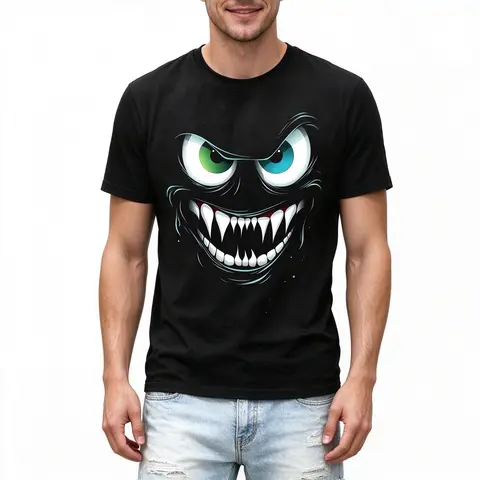 Boys' 100% Pure Cotton Monster Graphic Crew Neck T-Shirt - Short-Sleeve, Menswear-Inspired, Loose-Fitting, Comfy, Outdoor Wear, Machine Washable Kids' Top