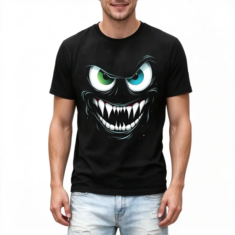 Boys' 100% Pure Cotton Monster Graphic Crew Neck T-Shirt - Short-Sleeve, Menswear-Inspired, Loose-Fitting, Comfy, Outdoor Wear, Machine Washable Kids' Top
