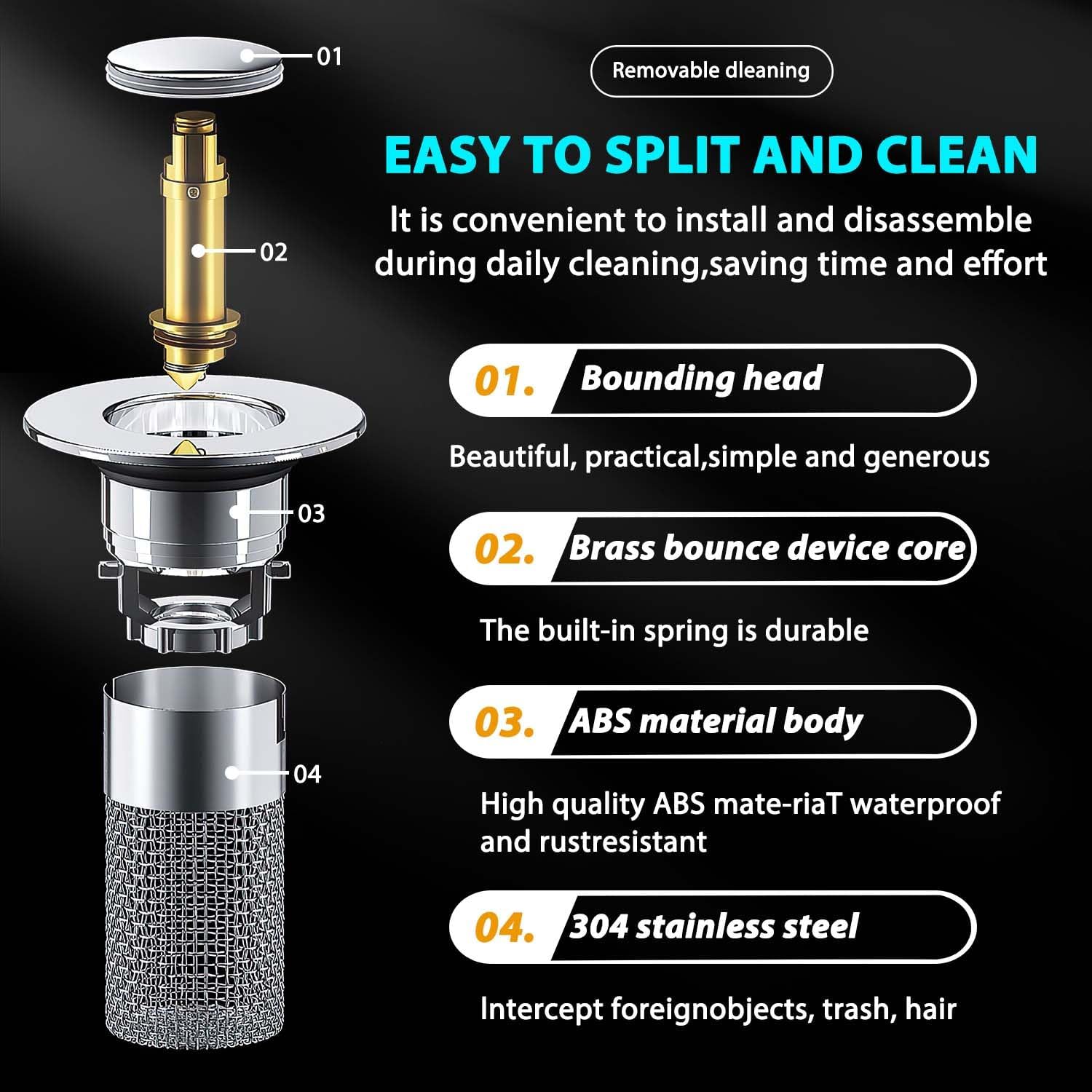 Bathroom Sink Stopper Hair Catcher,Pop-Up Bathroom Sink Drain Strainer with Removable Stainless Steel Filter Basket, Universal Sink Stopper for Bathroom & Kitchen,Modern Anti-Odor,Brass Core,Easy Installation,Drainage Function