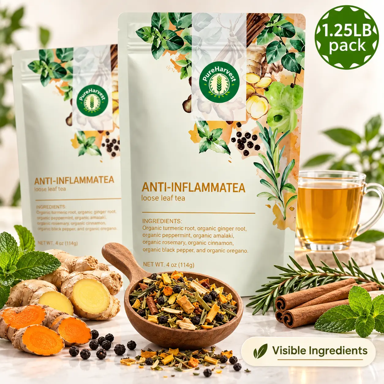 Sohochic Organic Anti-Inflammatory Ayurvedic 1.25LB Bulk Pack - Caffeine-Free Vegan Herbal Drink for Adults, Tea Based Ginger & Turmeric Mint Blend, Ginger Teas & Herbal Natural Option