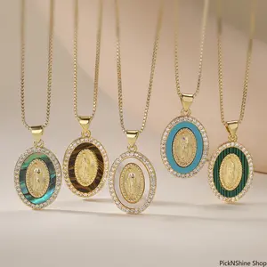 18K Gold Plated Copper Oval Pendant Necklace With Virgin Mary Shell And Inlaid Zircon, Religious Inspired Jewelry For Women, Exquisite Crafted Accessory Ideal For Daily And Casual Wear