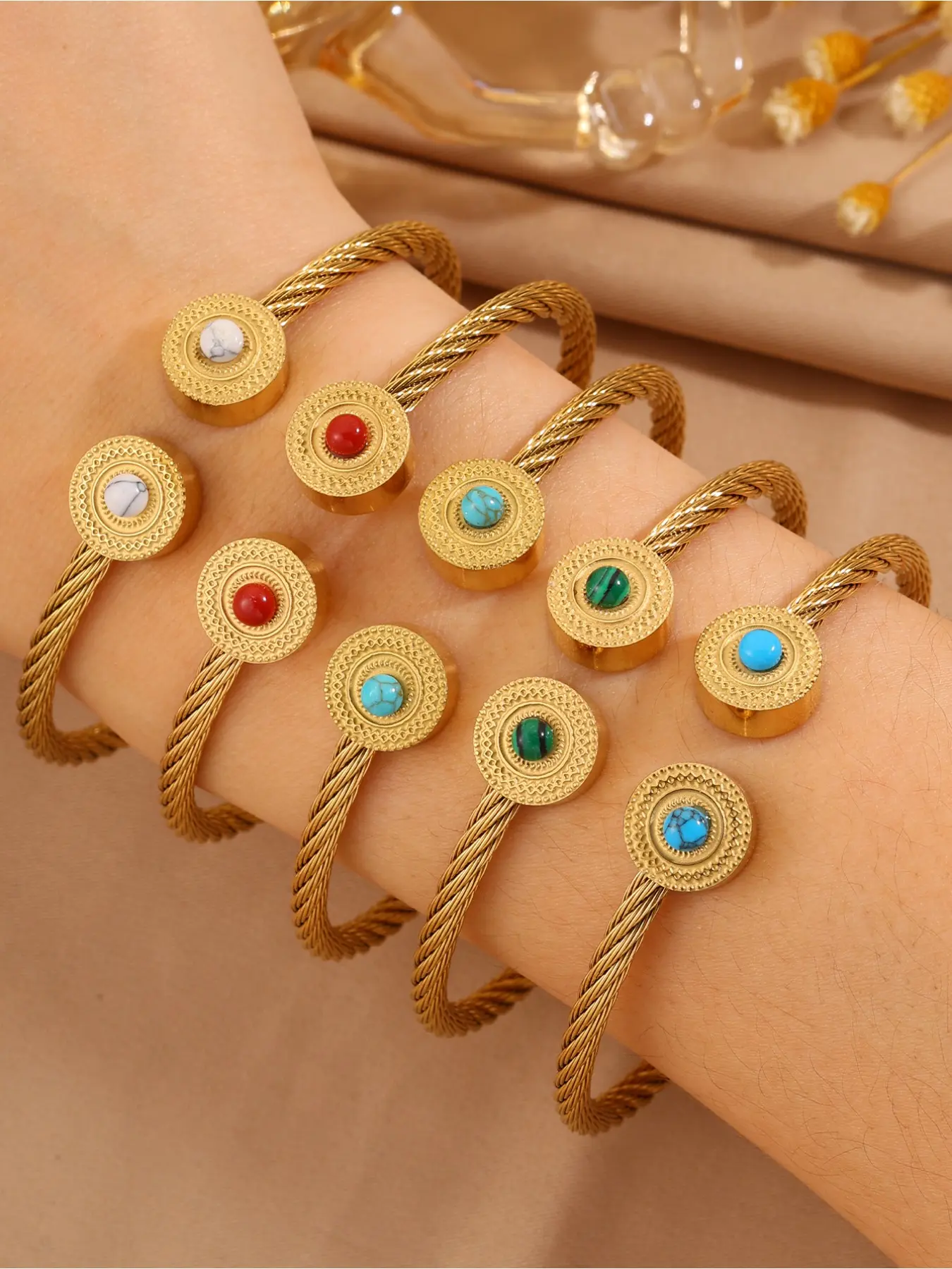 1 fashionable 304 stainless steel turquoise circular dotted steel wire bracelet, High Quality Bracelet suitable for both men and women, suitable for daily wear and gatherings, Valentine's Day gifts, seasonal accessories