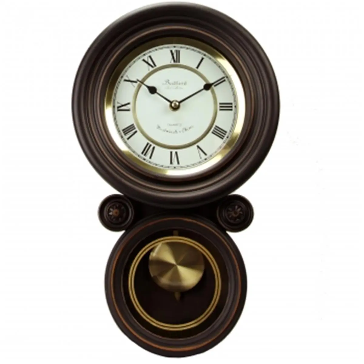 212 MAIN Bedford Clock Collection, Contemporary Round Shape Oak-Wood Plastic Wall Clock with Pendulum, Battery-Powered Home Decor Piece with Multiple Chime Modes