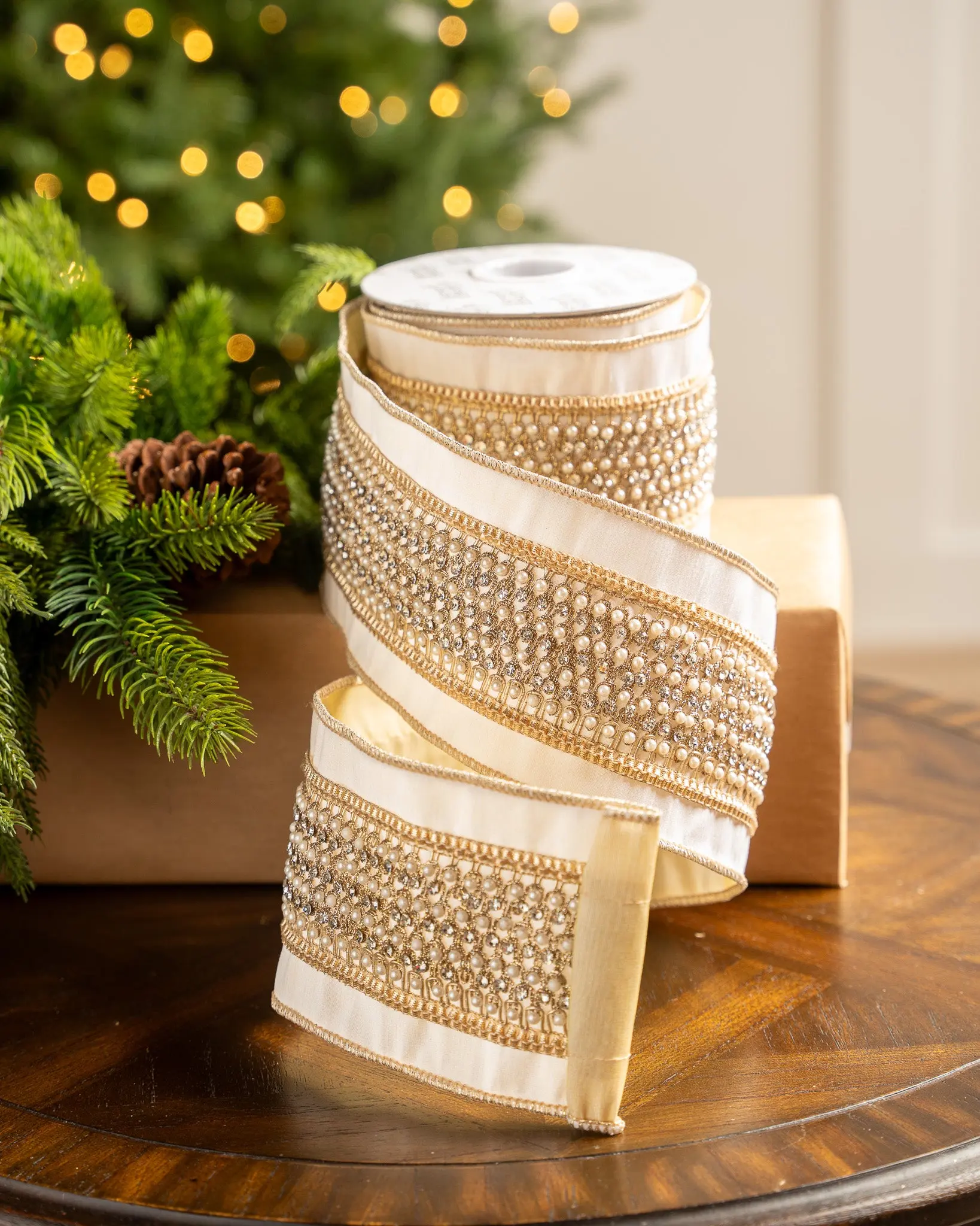 4" X 5YD Ivory White Ribbon With Beaded Pearl Center