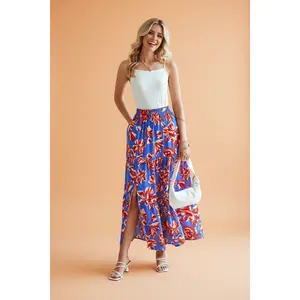 Boho Floral Side Slit Tiered Maxi Skirt