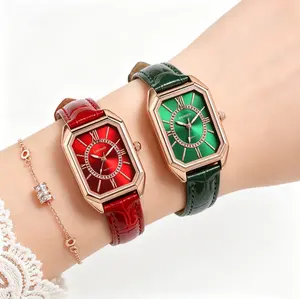 watches women Retro Square Women's Watch Green Red Leather Strap Vintage Style 2026