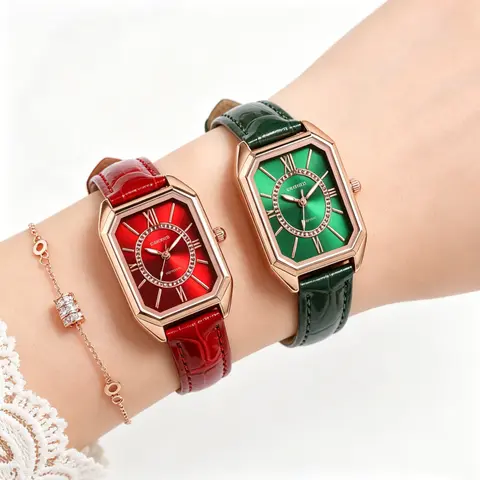 watches women Retro Square Women's Watch Green Red Leather Strap Vintage Style 2026