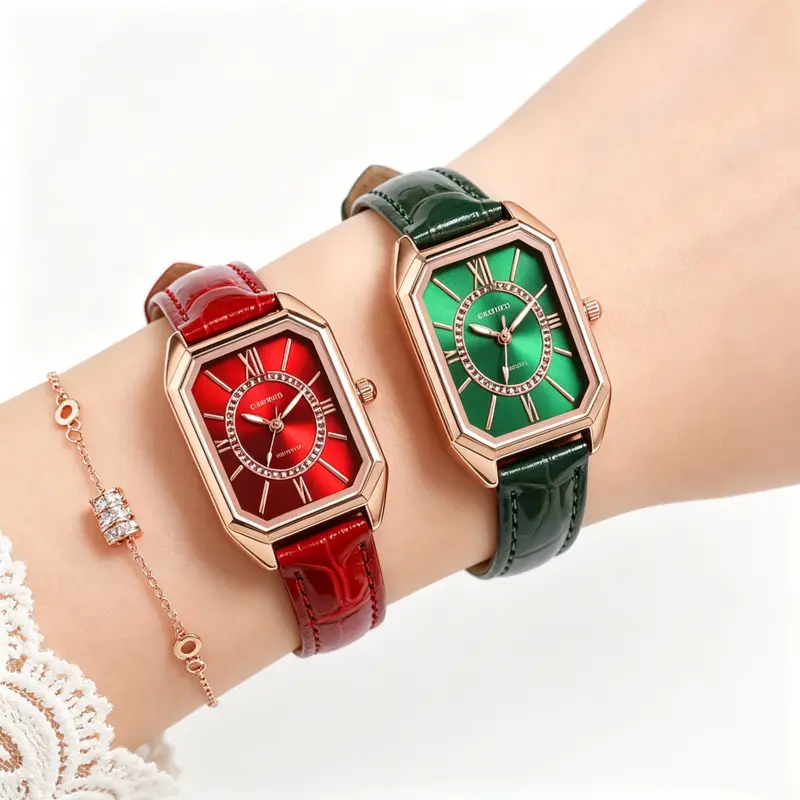 watches women Retro Square Women's Watch Green Red Leather Strap Vintage Style 2026