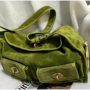 Retro Suede Shoulder Bag Multiple Pockets Wide Shoulder Strap Underarm Bag Metal Lock Closure Handbags Motorcycle Crossbody Bags