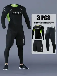 Men's Sports Set, Tight-Fitting Body Shaping, Round Neck Design, Fashion Print, Breathable Mesh Compression Top + Drawstring Shorts + Pants, Workout Running Outfits, athletic tracksuit set, Athleisure Wear Set