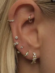 Elegant Cubic Zirconia Geometric Pattern Earrings Set, 7-Piece Clip-On Design Non Piercing Jewelry, Perfect for Women Attending Parties & Events, Stylish Stackable Jewelry