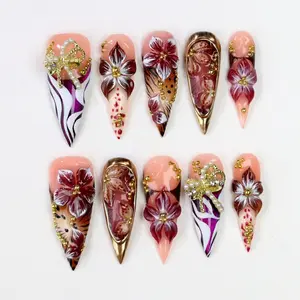 ES10 Luxury Floral Stiletto Press-On Nails, 3D Burgundy Blossom Design, Gold Frame and Pearl Bow Accents, Peach Nude Color Palette, Glam Handmade Statement Press Ons