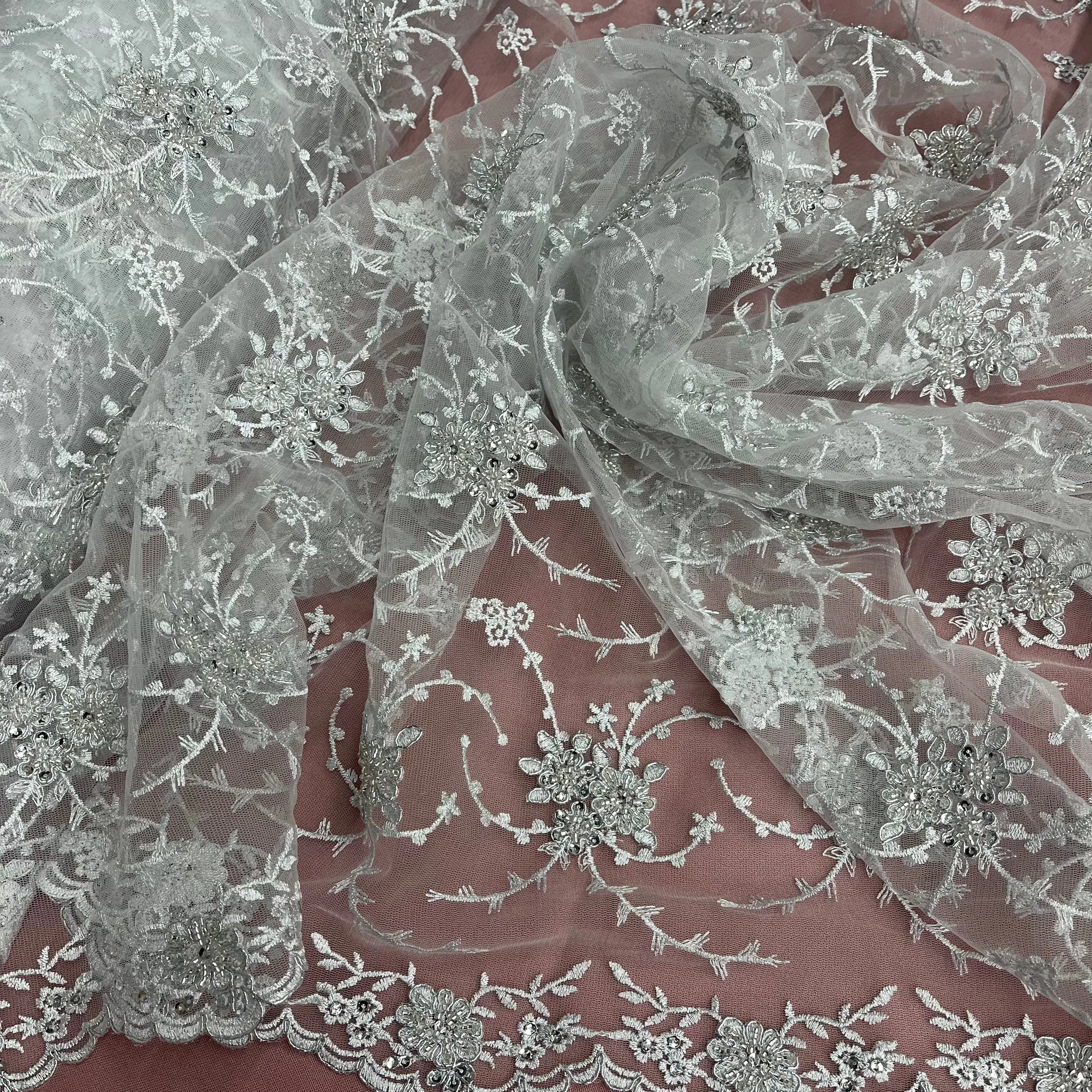 Soft Lace Mesh Bridal Fabric - 100% Polyester Net Mesh with Beaded, Corded Embroidery, Textured HD Design - Lace USA 95575W-BP, Textured Hd Lace