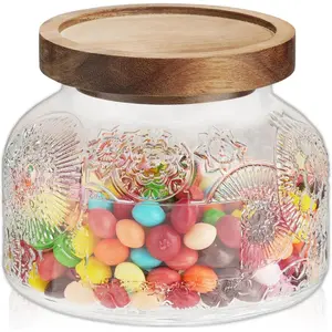 40 Oz Glass Candy Jar with Wooden Lid Vintage Airtight Food Storage Container for Kitchen Pantry Office Decor Clear Cookies Canister for Coffee Sugar Tea Spice Nuts Snacks