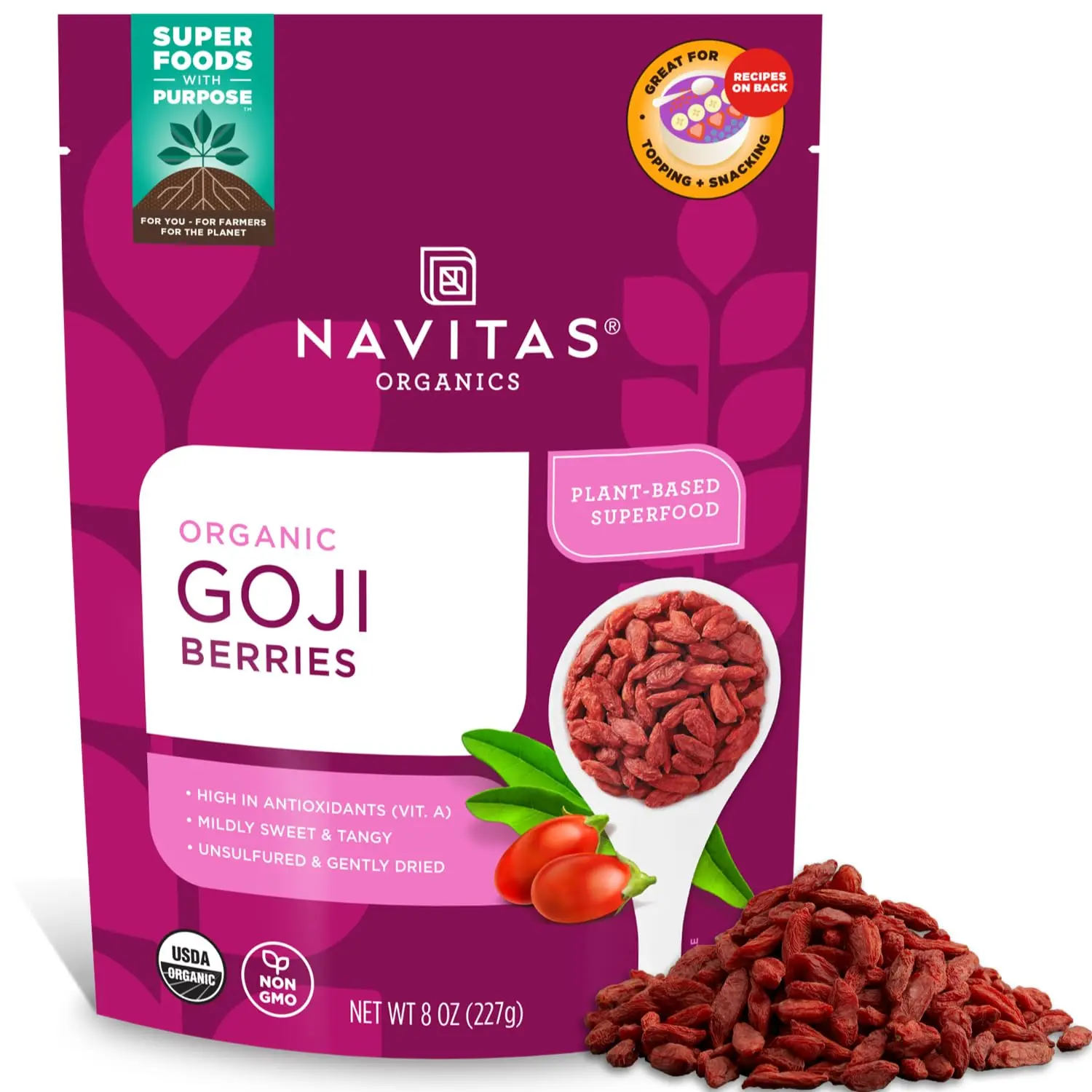 Navitas Organics Certified Organic Non-GMO Dried Goji Berry Fruit Snacks - 8oz Bag, 8 Servings, Gluten-Free, Vegan, Kosher, High in Vitamin A, Antioxidants, Fiber - Dried Snack for Smoothies, Trail Mix, Non-Gmo Dried Fruit
