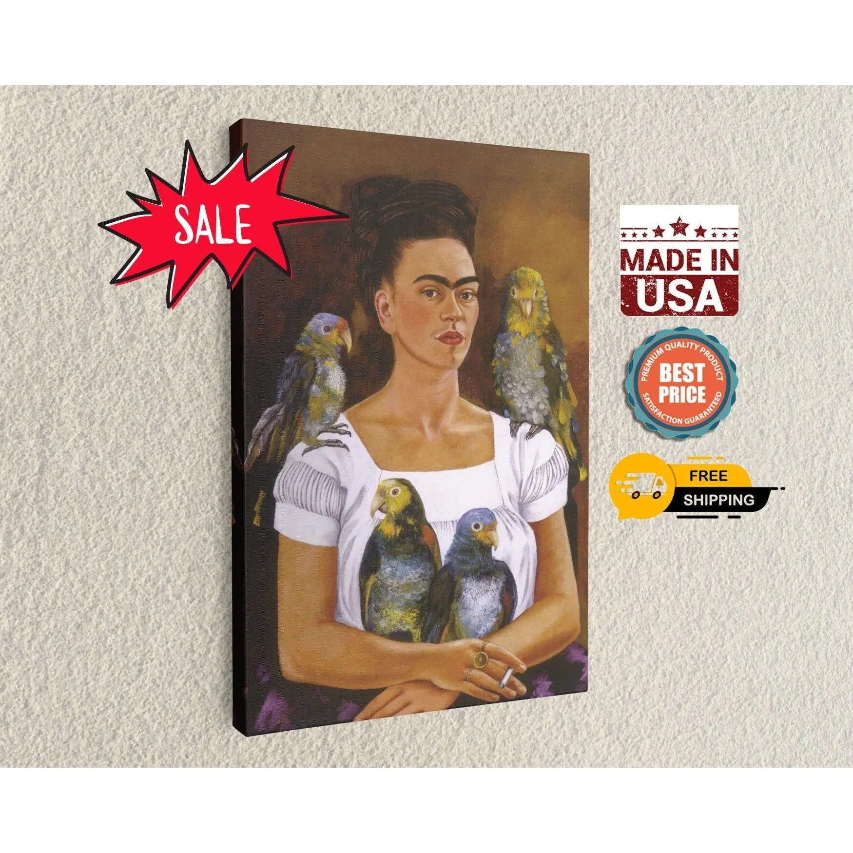 Frida Kahlo Yo Y Mis Pericos,Me And My Parrot Canvas Art ,Painting Reproduction Prints Art Canvas Wall Hangings, Home Decor