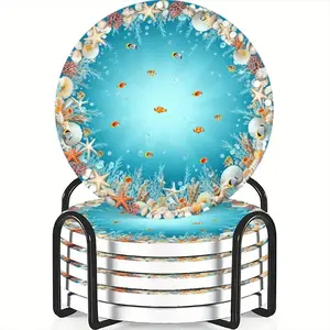 Ocean Series Coral Shell Coasters Set, Ceramic Non-Slip Heat Resistant, Ideal for Coffee & Drink Home Decor, Perfect Gift