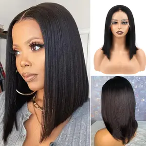 13x4 Transparent Lace Front Bob Wig Human Hair, Yaki Straight Short Bob Wigs, 10A Virgin Human Hair Pre Plucked Baby Hair, 180% Density Bob Wig for Women