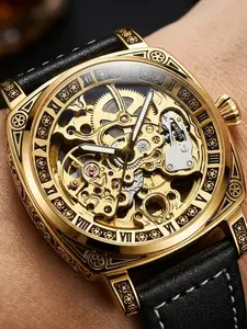 Men's Mechanical Watch Hollow-Out Design, Ruby Details, Leather Strap, Analog Display, Business Casual Wear