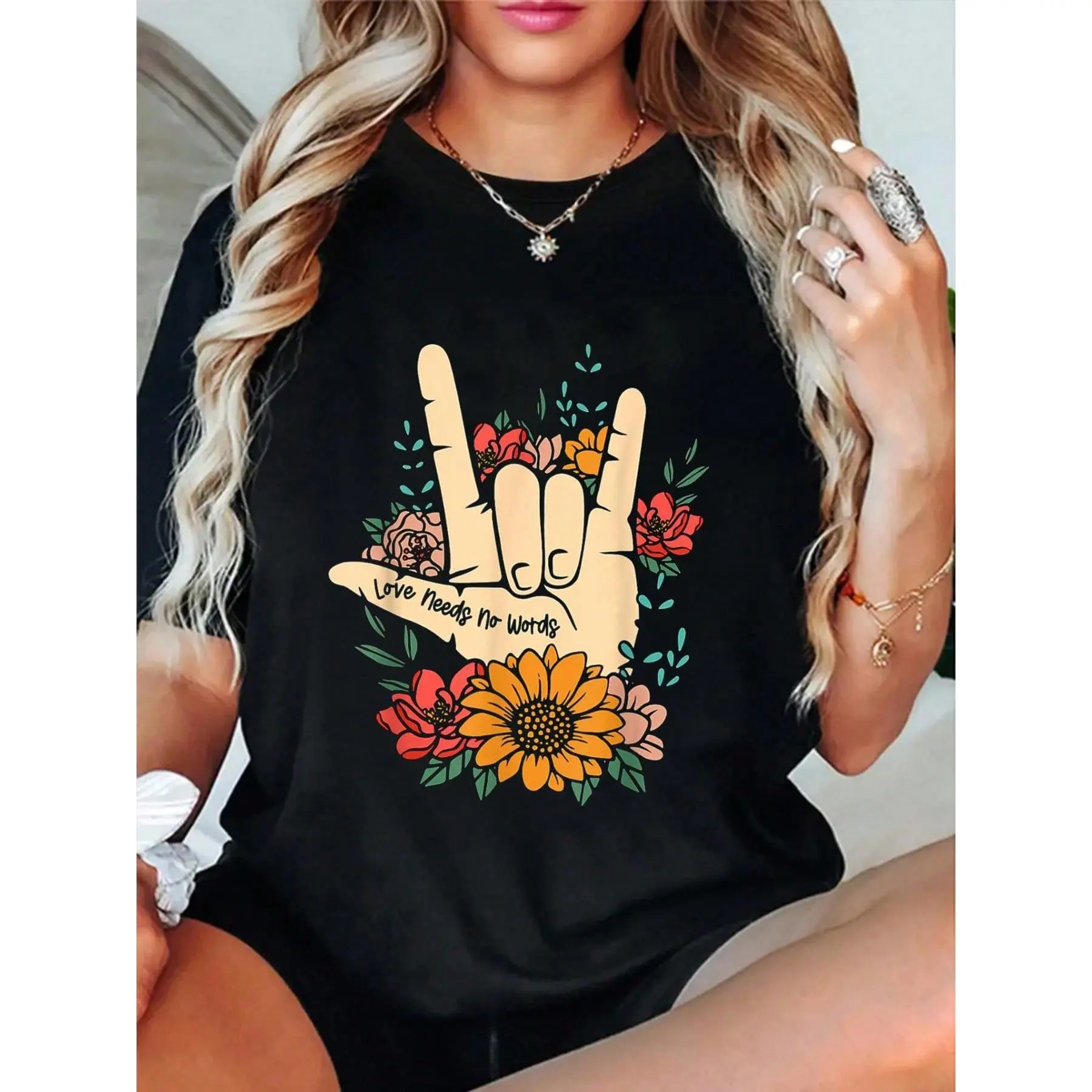 100% Cotton Sign Language ASL Love Needs No Words Special Education Spee T-Shirt Summer, Cotton, Casual, Short Sleeve, Graphic Tee, Soft, Breathable, Loose Fit, Streetwear, Daily Wear, T-Shirtt