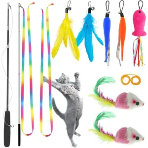 Cat toys, interactive feather set for cats, cat teaser stick toy--includes cat exercise toys, plush mice, worms, and fish