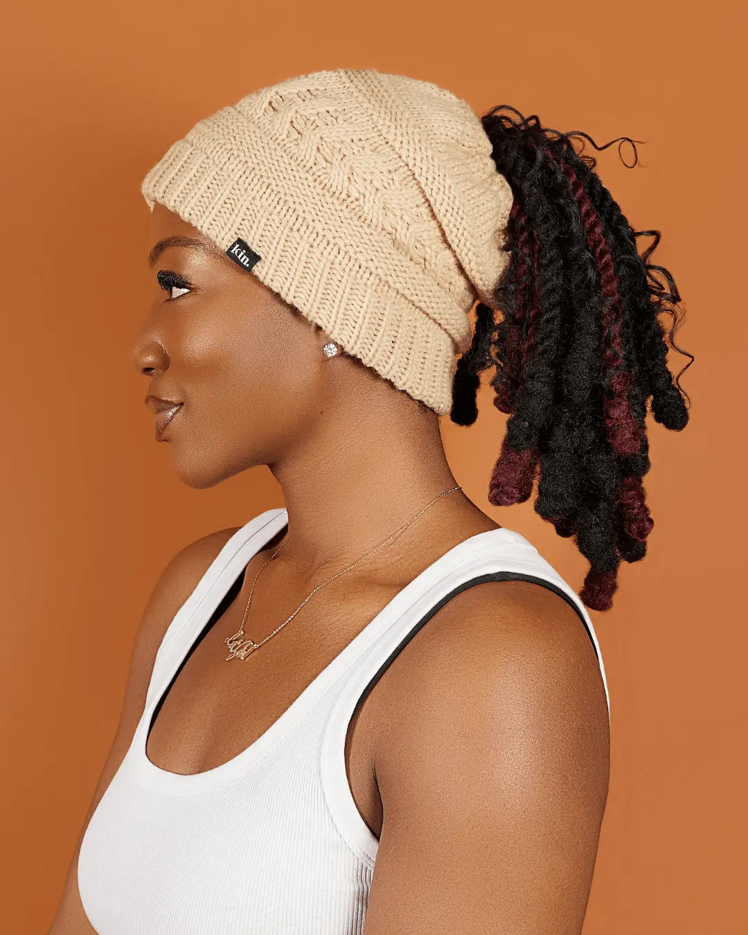 Sand Satin Lined Ponytail Beanie