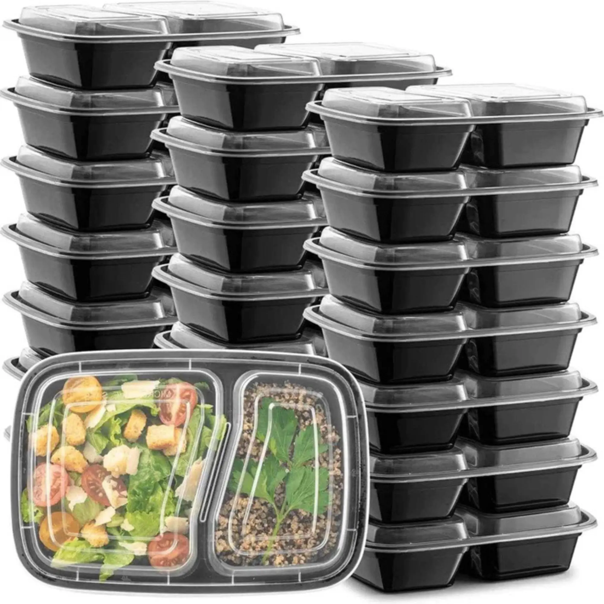 VeZee 30oz Rectangular 2 Section Meal Prep Containers with Clear Lids, BPA-Free Plastic Food Storage Containers, Leak Resistant Lunch Boxes, Reusable Microwave Freezer Dishwasher Safe for Meal Prep & Takeout. (Pack of 50)