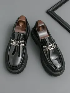 Men's Glossy & Leather Shoes, Fashionable Thick Sole Loafers, Stylish Business Height Increasing Casual Shoes