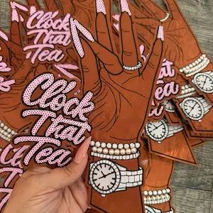 "Clock That Tea" LARGE Patch Sassy Embroidered Hand with Pearls & Watch for Jackets Totes Denim High-Quality Iron-On or Sew-On