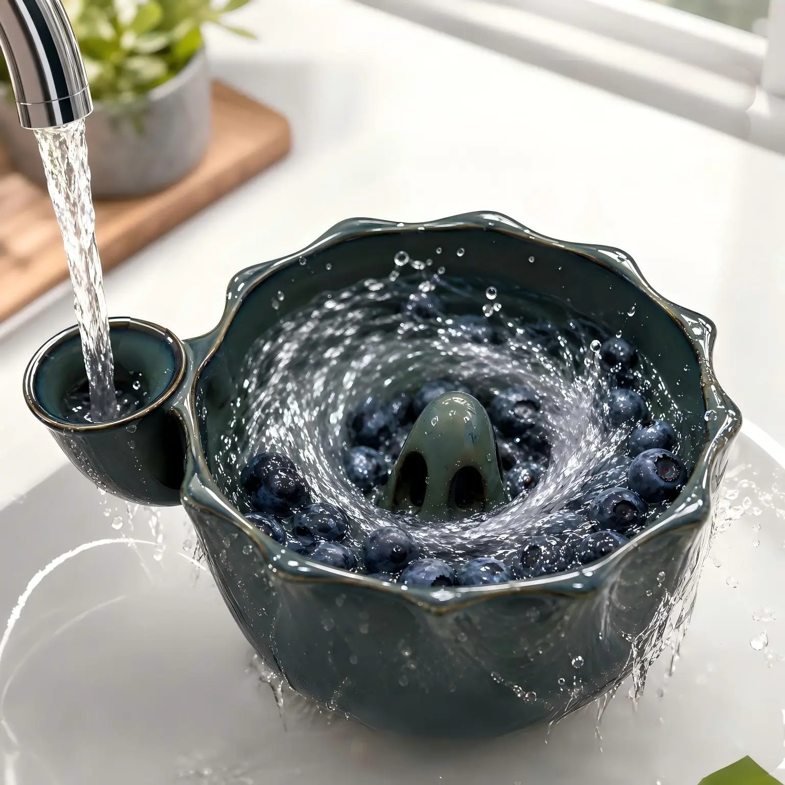 Handmade Ceramic Self-Spinning Berry Bowl With Strainer Holes, 360° Swirling Vortex Fruit & Vegetable Colander, Multipurpose Automatic Berry Produce Washer