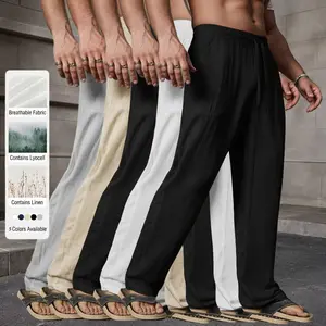 Men’s 5-Pack Linen Breathable Casual Pants, Solid Color Loose Straight-Leg Elastic Waist Full-Length Pants