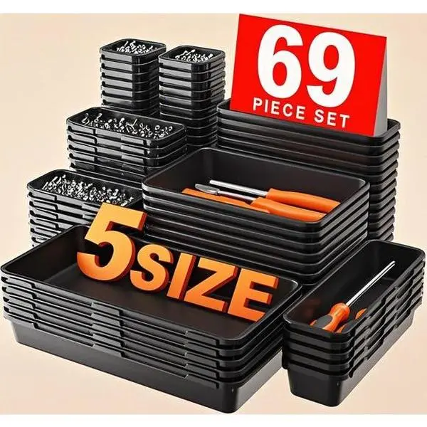69-Piece Tool Tray Organizer Set with Adjustable Dividers, 5-Size Drawer Storage Solution for Garage Tools, Workbench Accessories, and Rolling Cabinet Organization, Durable Black Plastic Design, Space-Saving Compartment System
