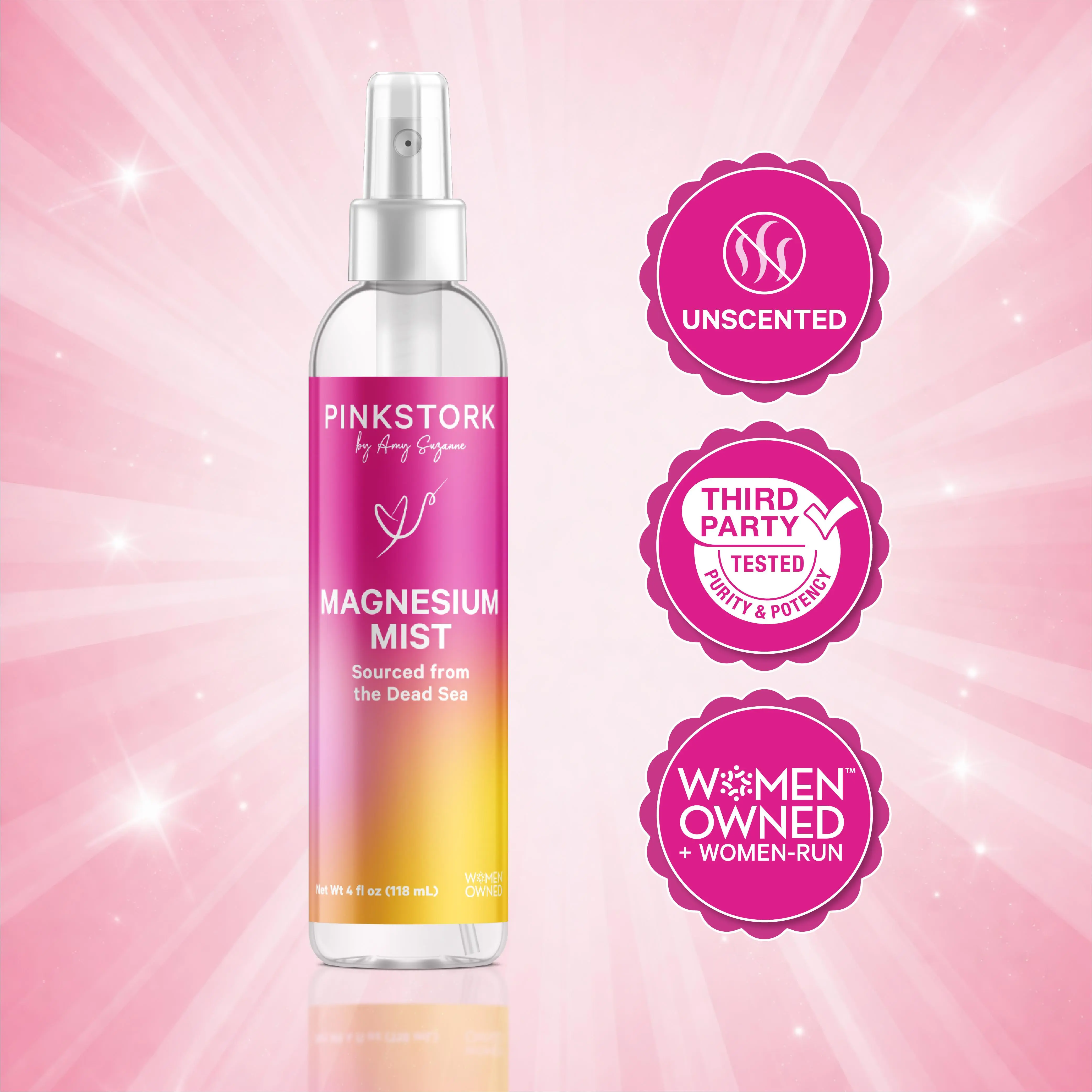 Pink Stork Magnesium Spray Mist Calm and Relaxation Hydrating Skincare 4 oz US Moisture Cream Moisturizing Moisturizer Hydrate Enhanced Skin Tone Skin Repair