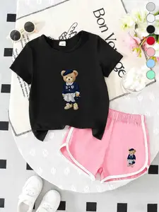 Summer Girls Casual Sports Short Sleeve Shorts Set, Cute Bear Print Jacket, Pleated Skirt, Beret Hat, Loose Fit Shorts, 2-7 Years, Outfit, Clothes