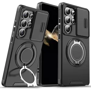 for Samsung S25 Ultra Case,with Slide Camera Lens,Finger Ring Holder Kickstand,Heavy Duty Shockproof Military Grade Protective Phone Case (Black)