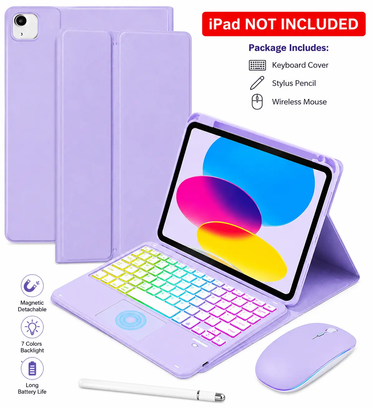 Touchpad Keyboard Case for iPad A16 11th/10th Generation/Air 11 | inch M4 M3 M2/Air 5th 4th 10.9-inch,Rainbow Backlight Type-C Charging Keyboard Cover with Stylus Pencil and Mouse, Purple Bluetooth Cable