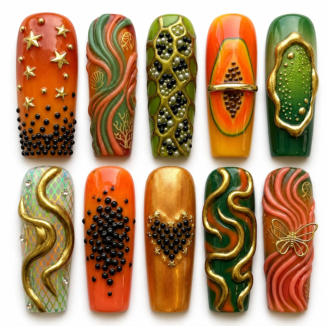 Tropical Papaya 3D Press On Nails, Orange Green Gold Swirl Nail Art with Black Beads and Butterfly Charm, Long Coffin Summer Fake Nail Set
