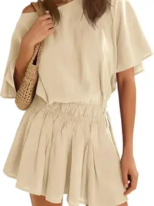 Women’s Casual 2 Piece Outfit Short Sleeve Loose Top and Flowy Mini Skirt Set for Summer Vacation Suits